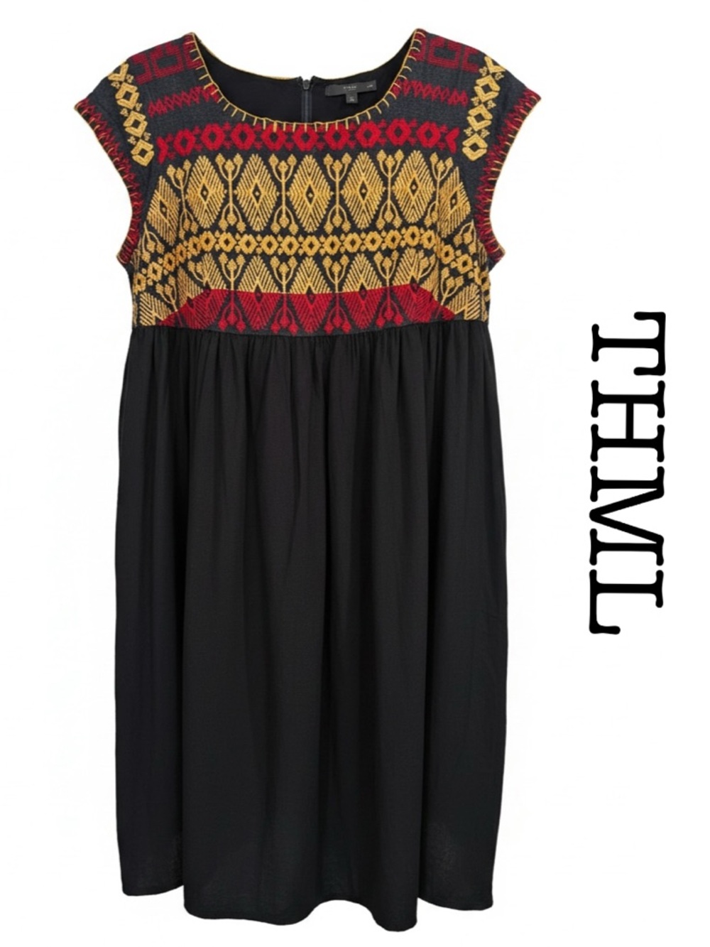 THML Navy Dress with Red & Mustard Embroidered Bodice Size Medium